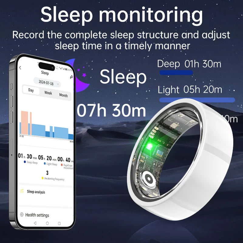 A sleek, white smart fitness ring shown next to a smartphone displaying detailed sleep tracking data.