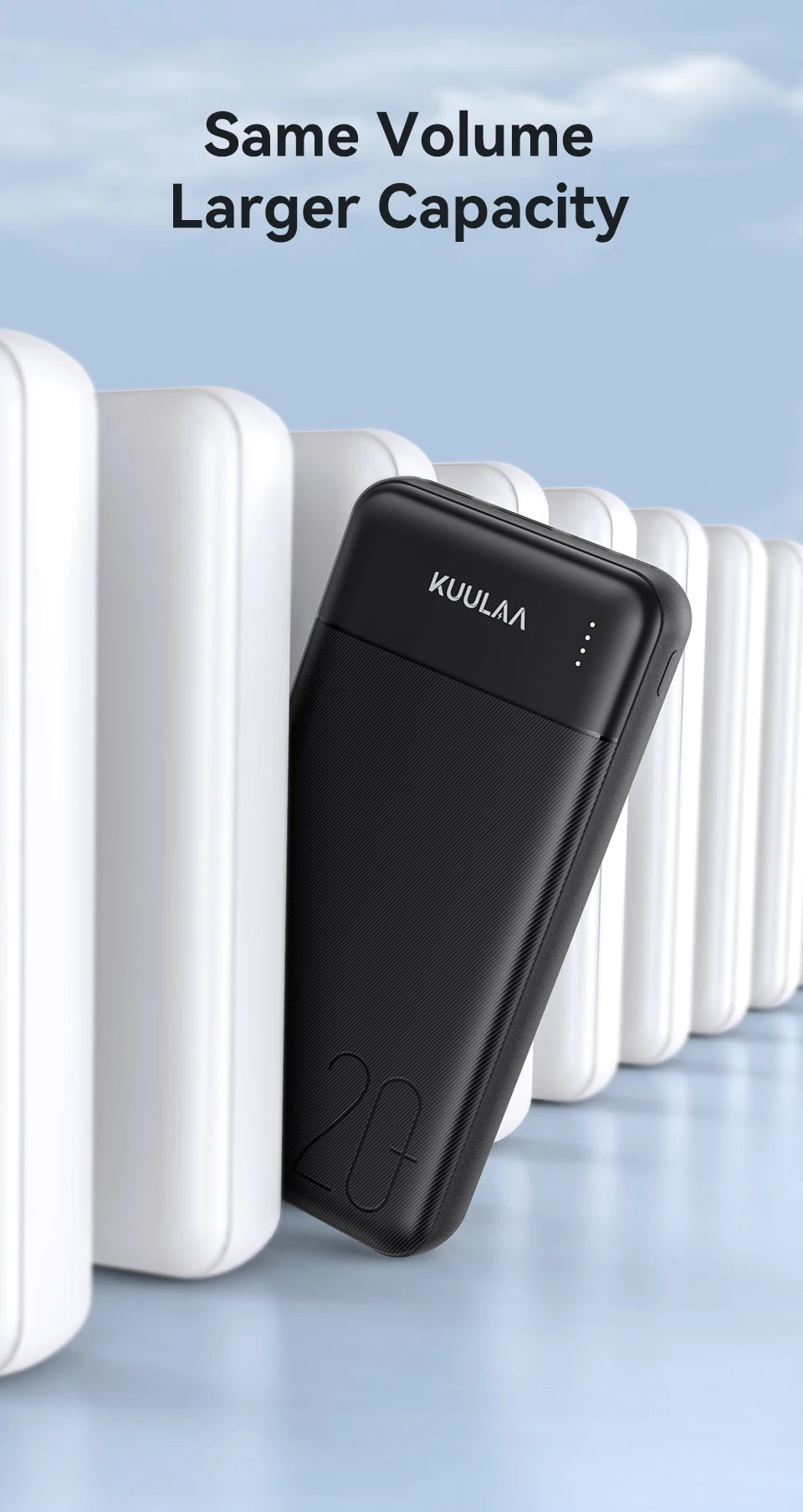 Black 20000mAh portable power bank with a textured finish and LED battery indicator lights.