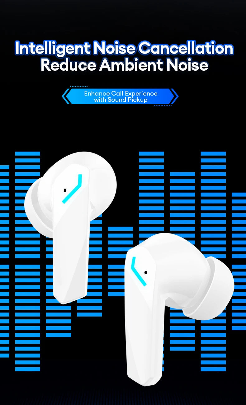 White wireless earbuds with glowing blue accents against a digital equalizer background. Noise cancellation feature.