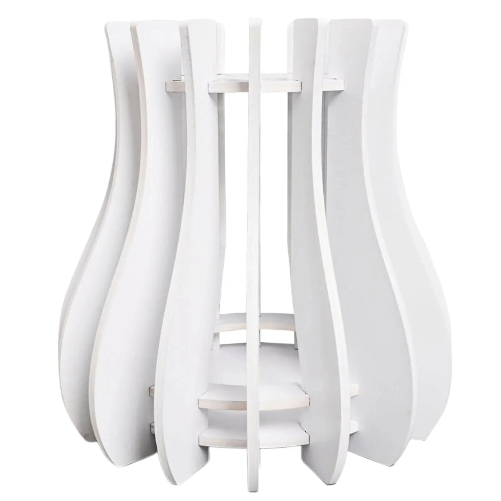 White circular side table with a modern, slatted vase-style design and two internal shelves.