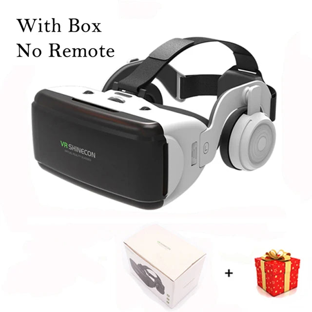 Black and white smartphone VR headset with integrated headphones, including retail box and a small gift box.