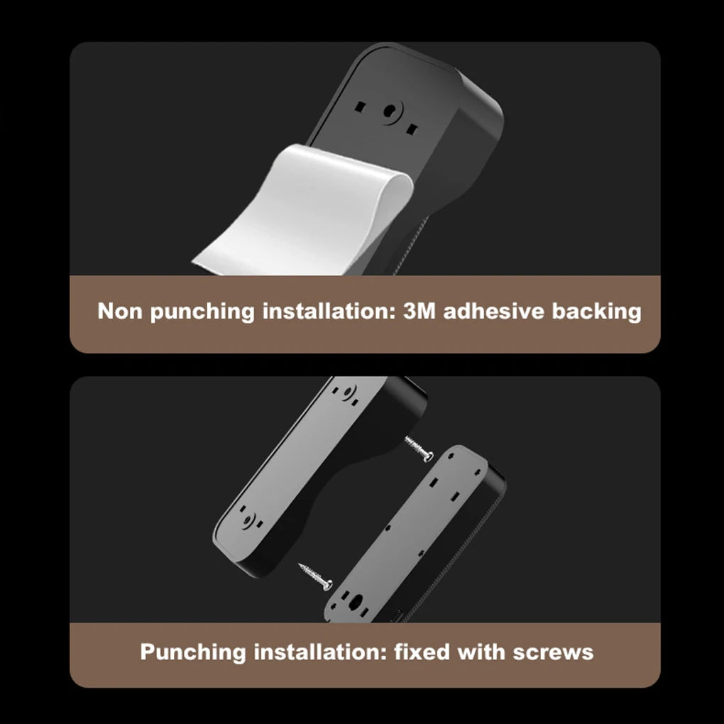 Black wireless video doorbell showing two mounting options: adhesive backing or screw-in installation.