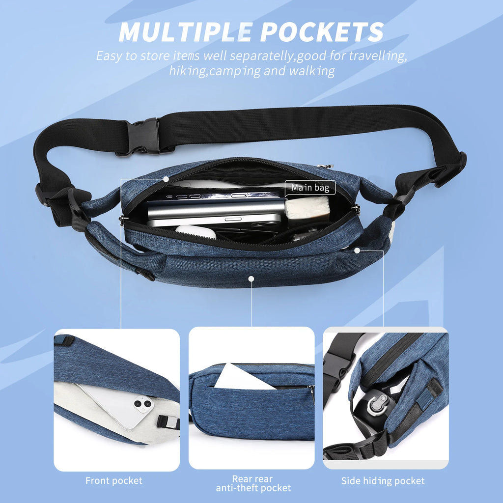 Blue anti-theft crossbody sling bag with a large main compartment, front pocket, rear pocket, and side storage.