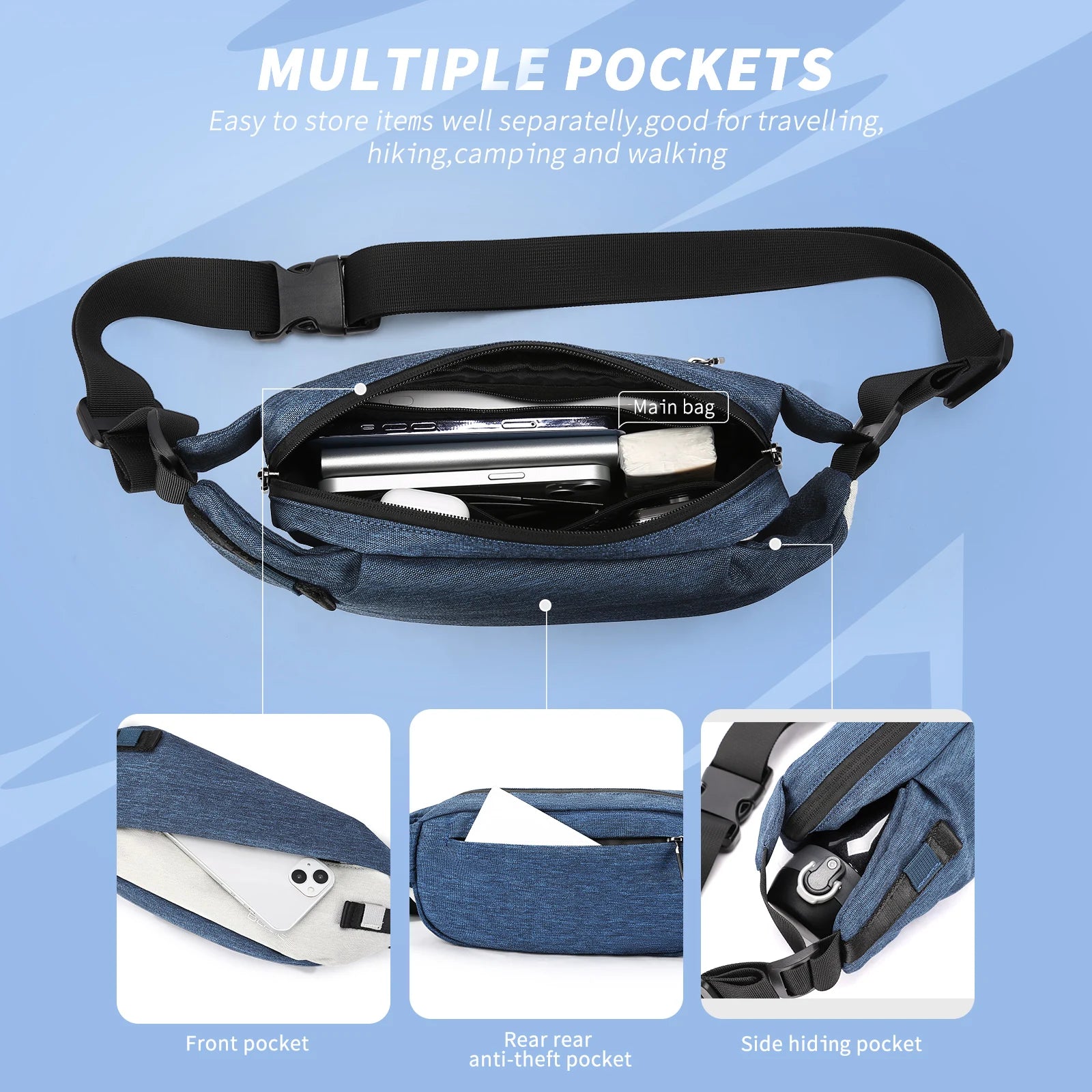 Blue anti-theft crossbody sling bag with a large main compartment, front pocket, rear pocket, and side storage.