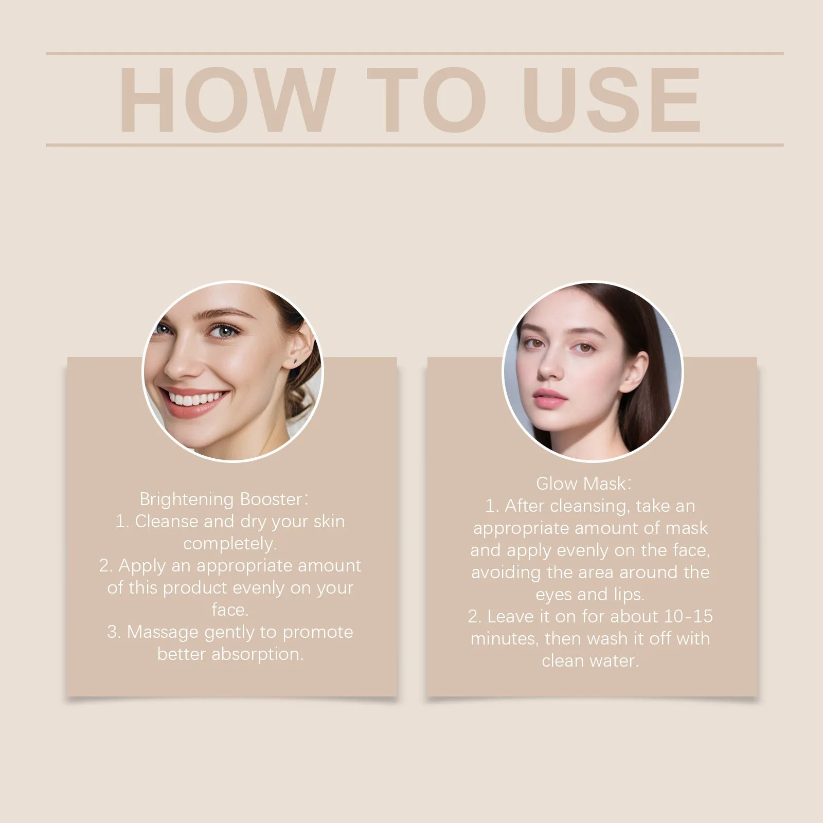 Instructional graphic showing how to use a Brightening Booster and Glow Mask, featuring two women on a beige background.