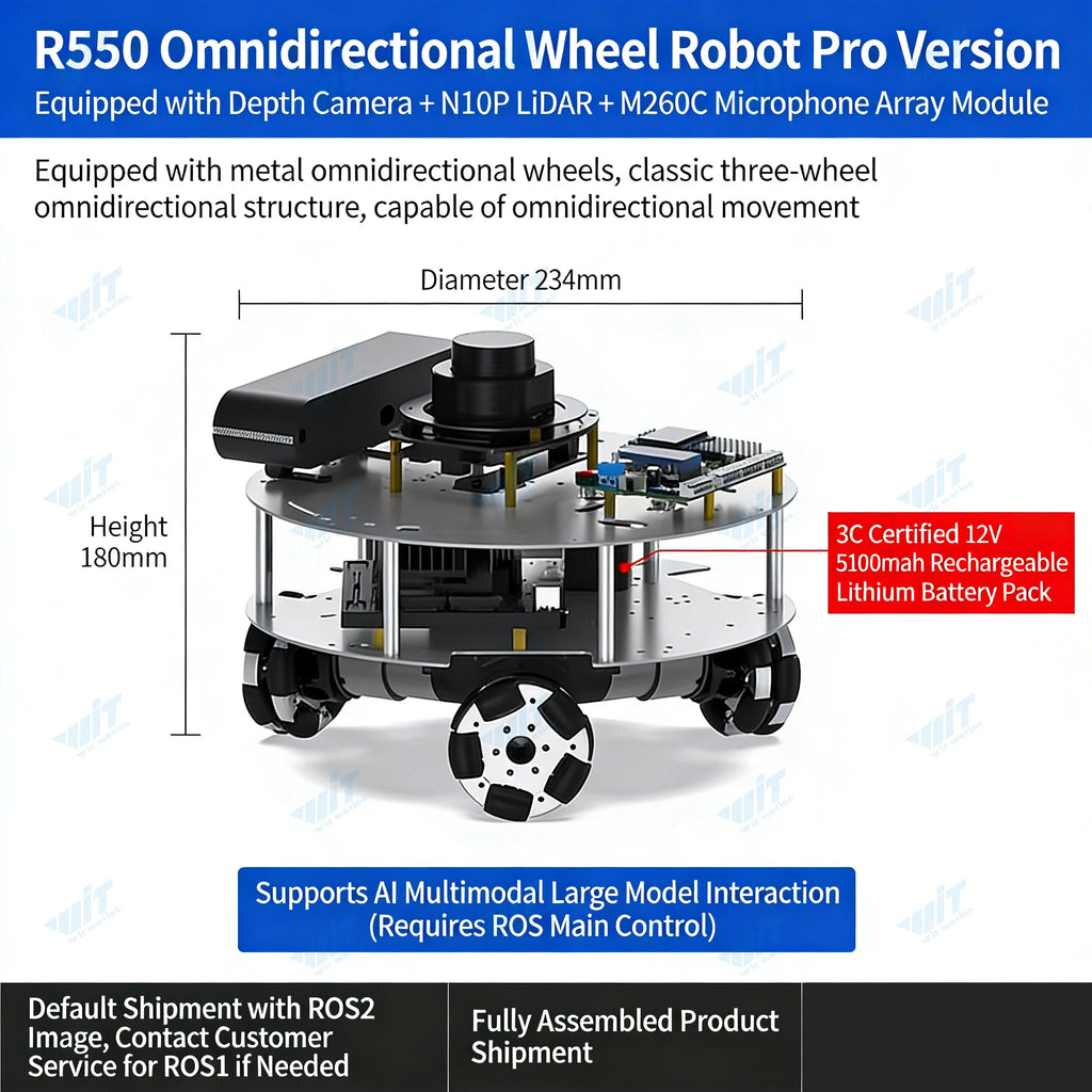 R550 omnidirectional robot with depth camera, LiDAR, and microphone module, showing dimensions and battery.