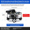 R550 omnidirectional robot with depth camera, LiDAR, and microphone module, showing dimensions and battery.