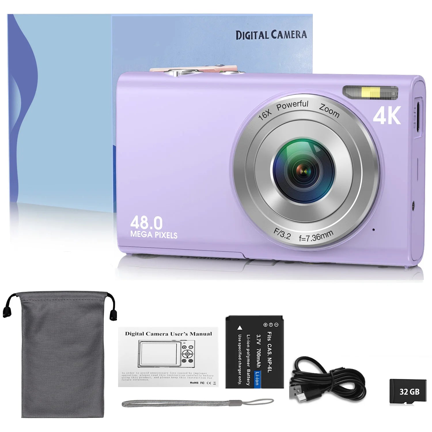 Light purple 48MP digital camera with 16x zoom, 4K video, battery, cable, 32GB memory card, and carrying pouch.