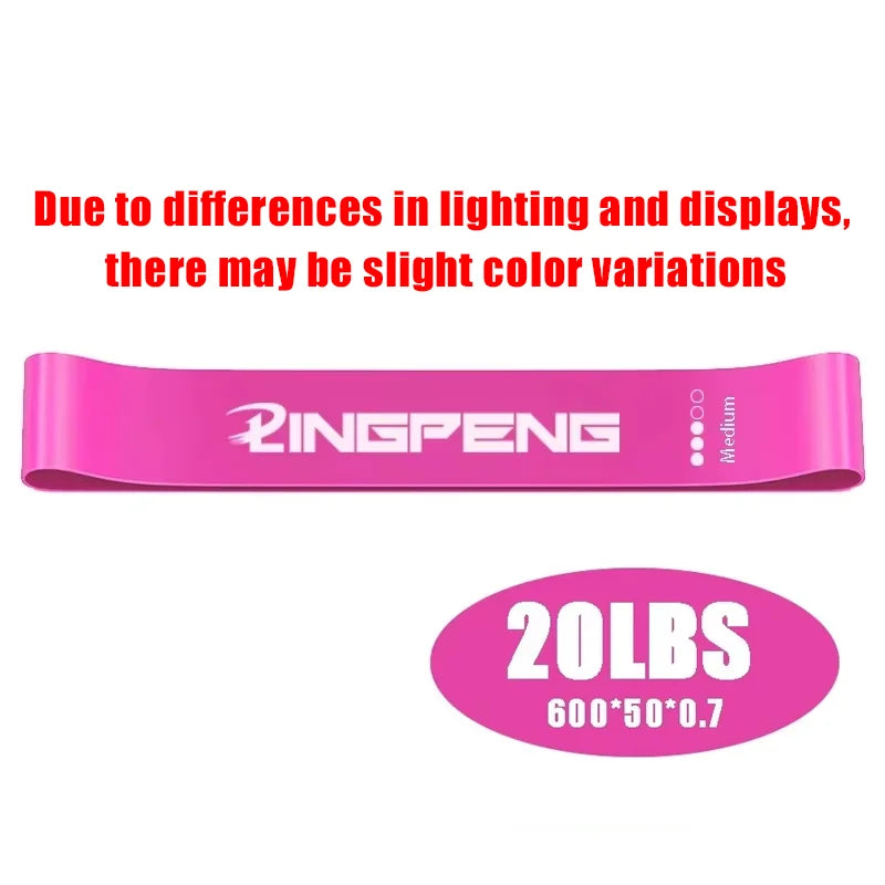 Pink medium-resistance exercise band with "PINGPENG" logo and 20lbs weight specification.