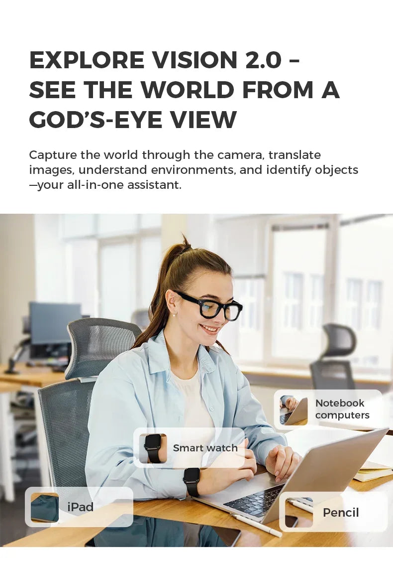 A woman wears stylish black-rimmed AI smart glasses with an integrated camera while working at a desk.