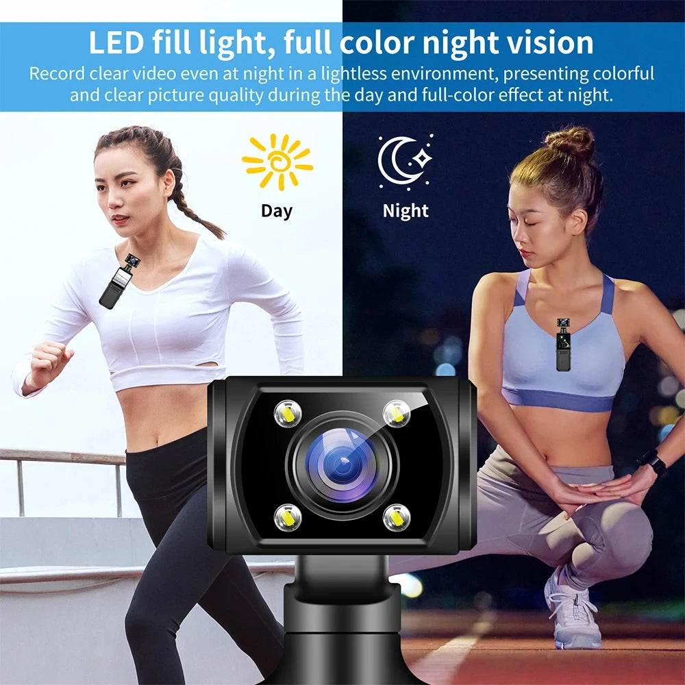Black plastic body-worn camera with a central lens and four integrated LED fill lights for night recording.