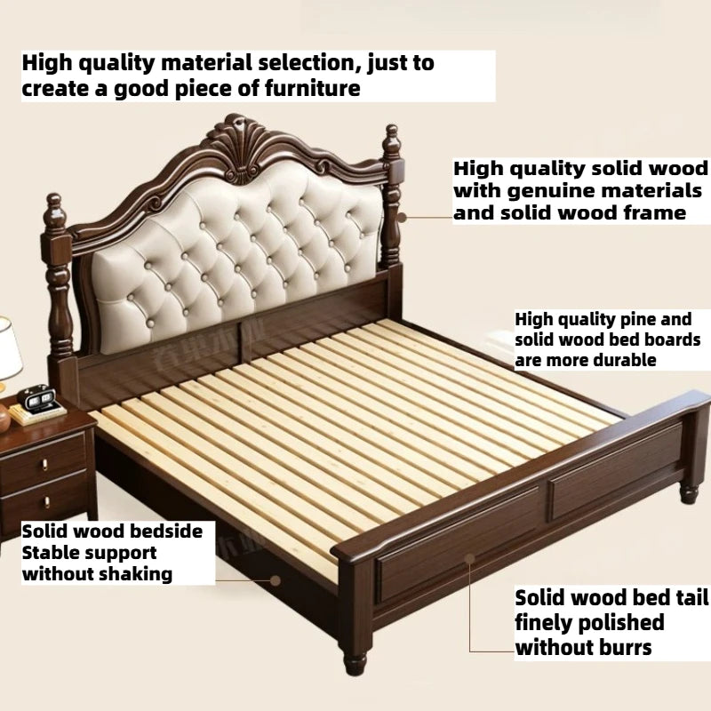 Retro solid wood double bed with a dark finish, a cream button-tufted headboard, and sturdy slatted base.