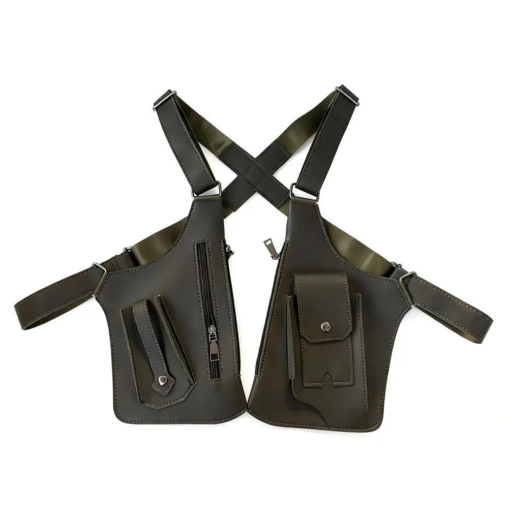 Dark olive green tactical holster-style crossbody bag with multiple zipped pockets and adjustable shoulder straps.