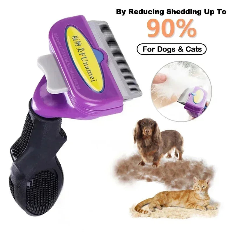 Purple and black pet deshedding tool with a metal comb, featuring a text label and images of a dog and cat.