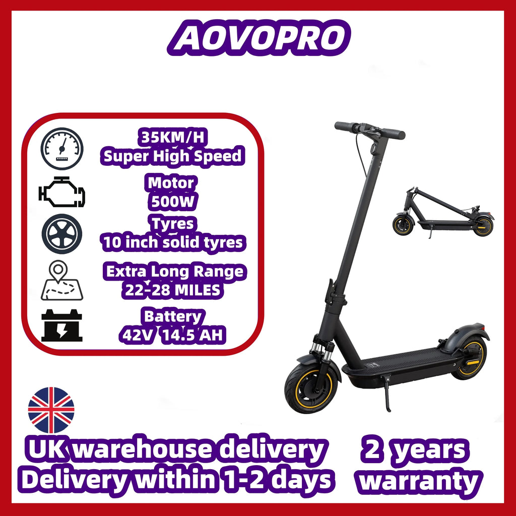 Black AOVOPRO foldable electric scooter with 10-inch solid wheels, digital display, and kickstand.