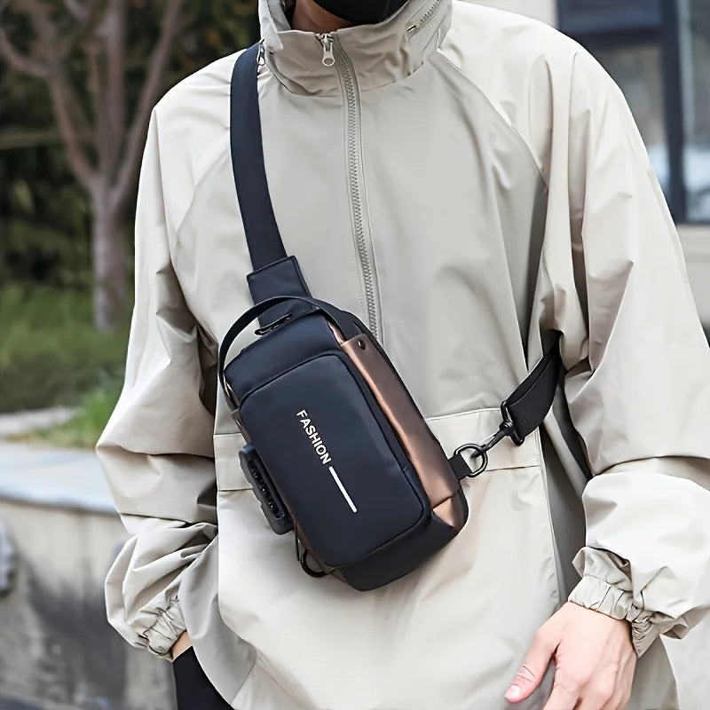 A person wearing a black and bronze anti-theft sling bag crossbody with a durable, modern, compact design.