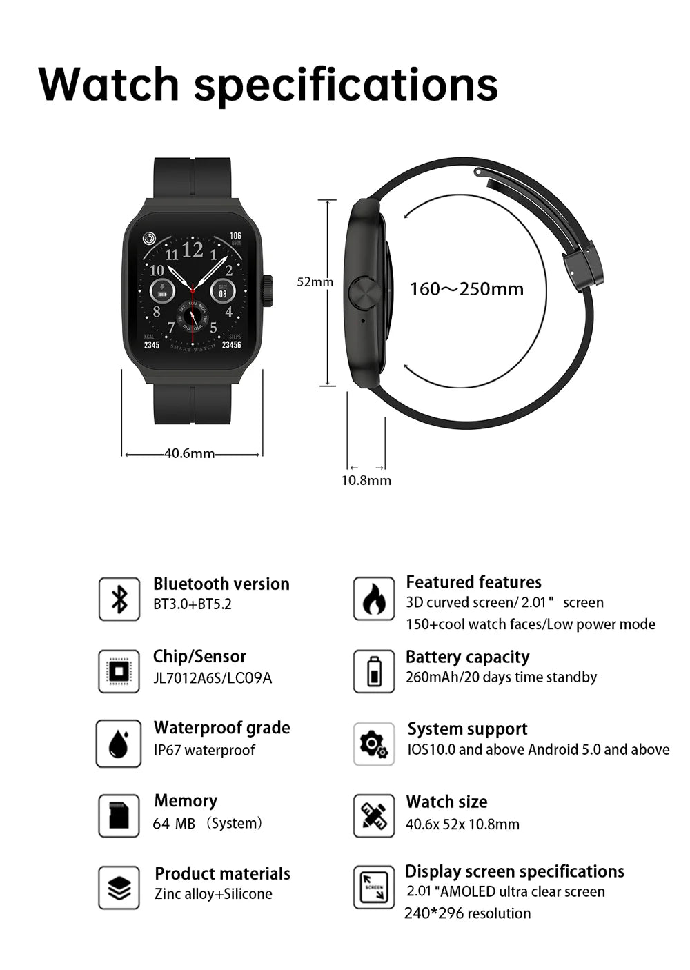 Black smartwatch with a 2.01-inch curved display, silicone strap, and technical specifications showing key features.