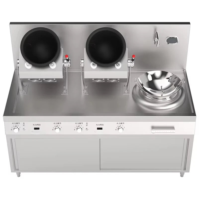 Commercial stainless steel cooktop with two tilting black woks and one flat burner on the right.