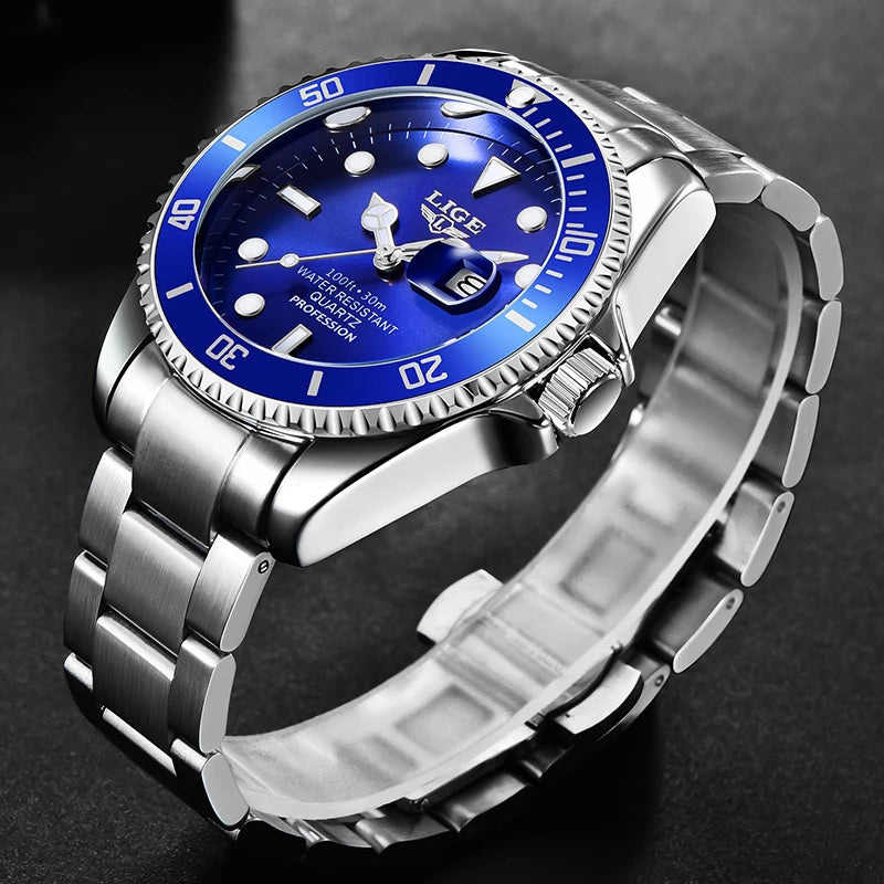 Men’s stainless steel quartz watch with a blue dial, blue rotating bezel, and silver-tone link bracelet.