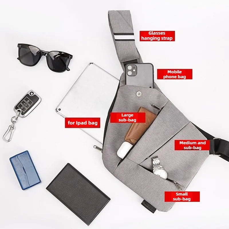 Grey waterproof crossbody bag with multiple zipped compartments for a phone, tablet, and accessories.