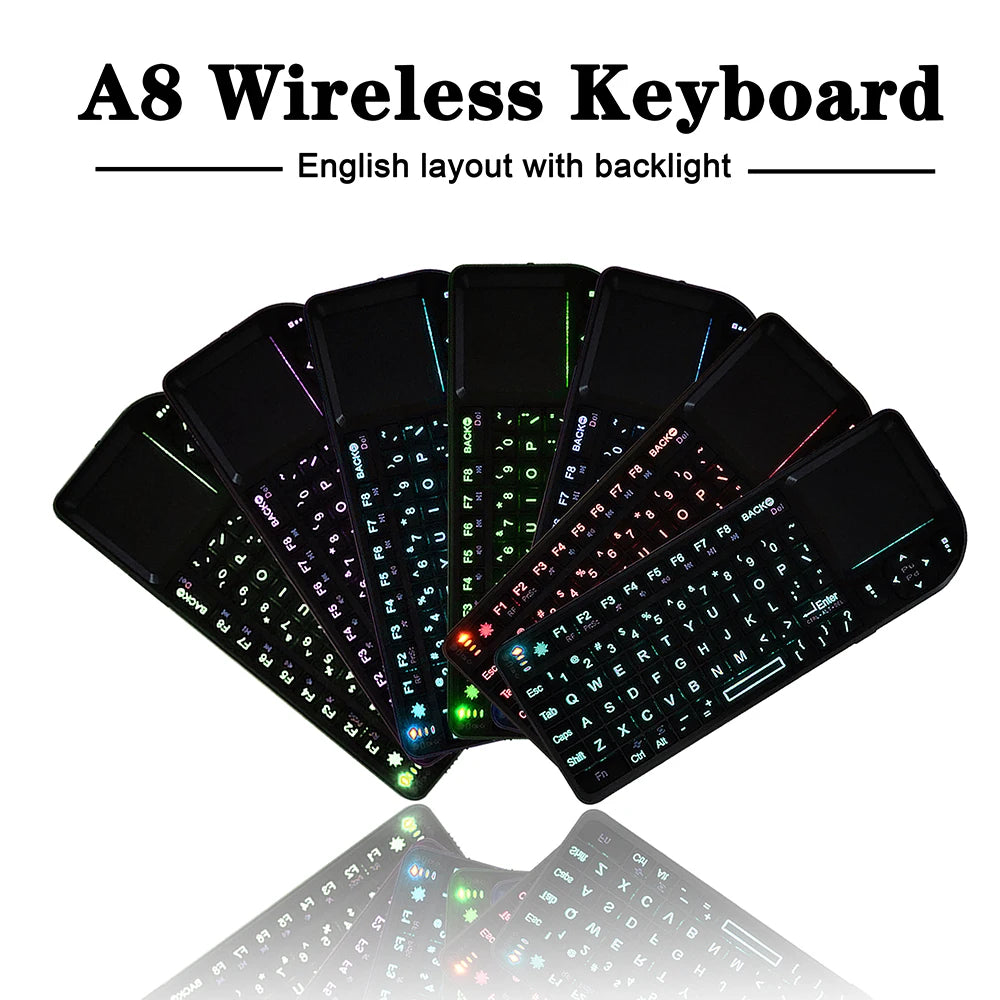 Black plastic A8 wireless handheld keyboard with English layout, integrated touchpad, and multi-color backlight.