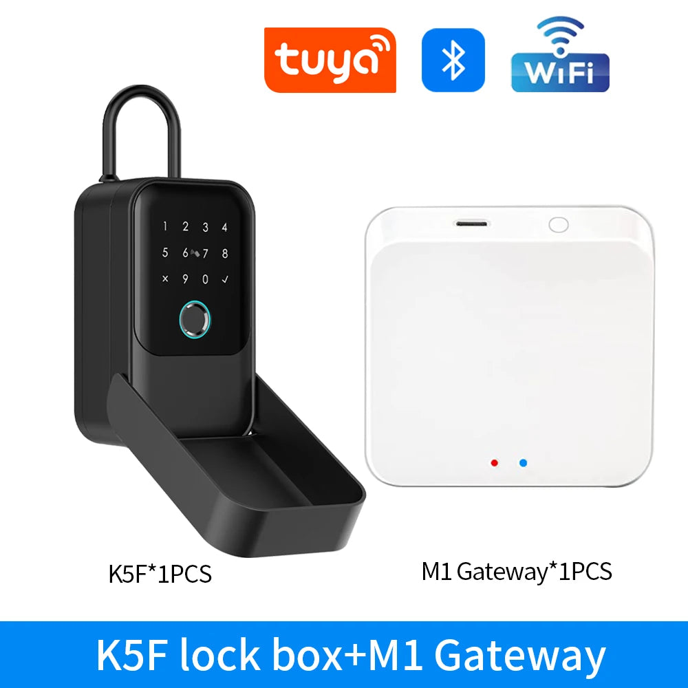 Black metal smart lock box with keypad and fingerprint scanner, plus a white wireless WiFi Bluetooth gateway hub.