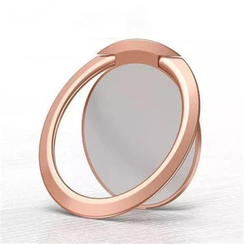 Rose gold circular phone ring holder with a foldable hinge, designed for a secure grip or stand.