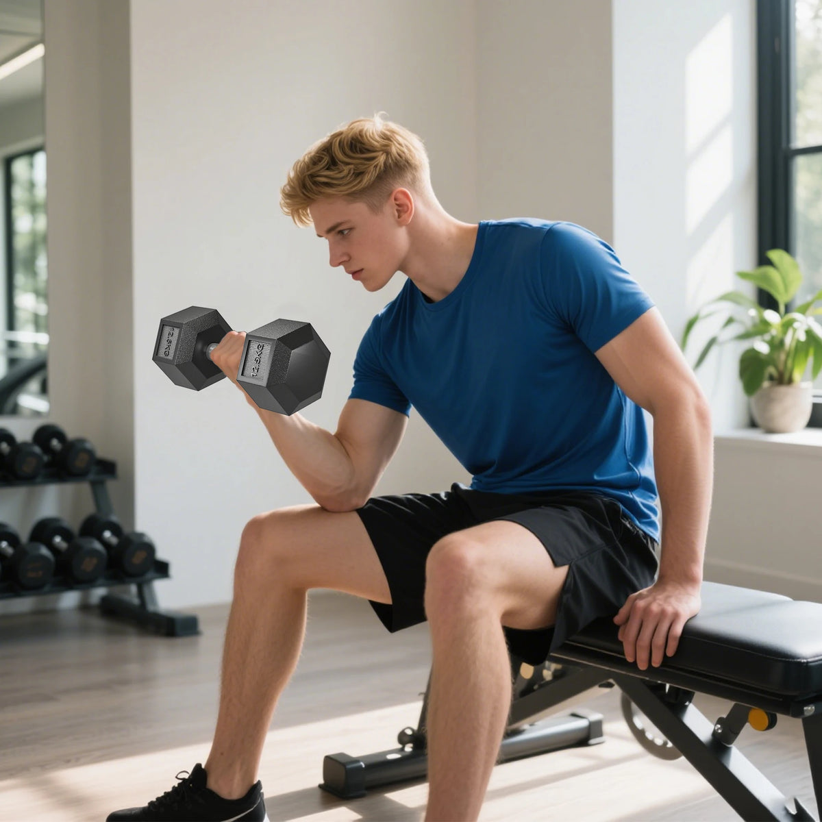 Man in blue shirt seated on a bench curls a black 12.5kg rubber hex dumbbell.