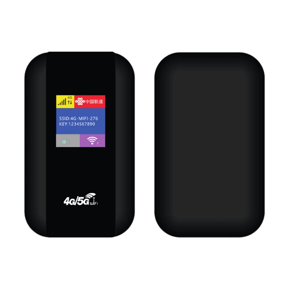 Compact black portable 4G mobile Wi-Fi router showing a digital status display on the front.
