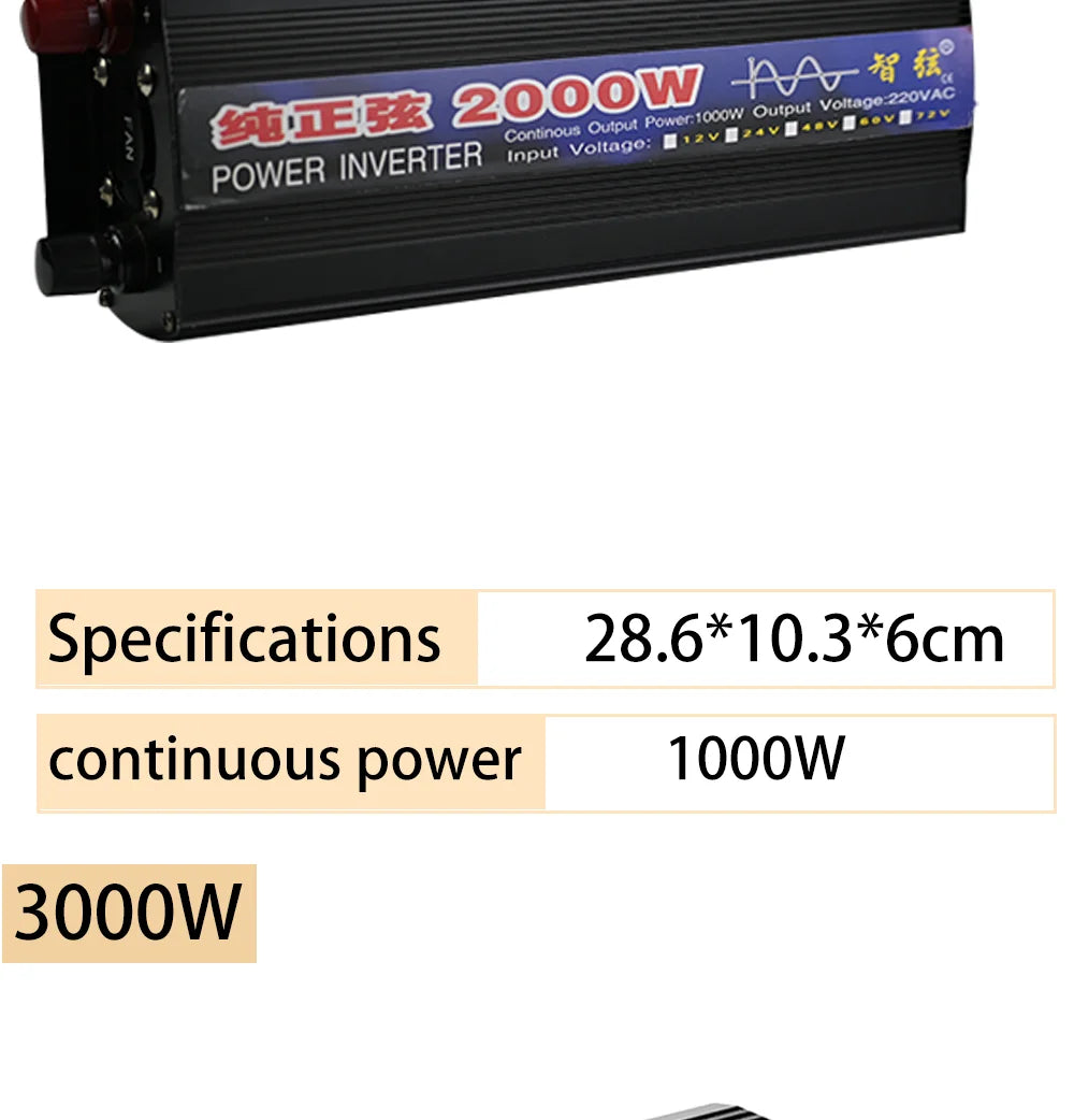 Black 1000W/2000W pure sine wave power inverter with connection terminals and technical specification table.