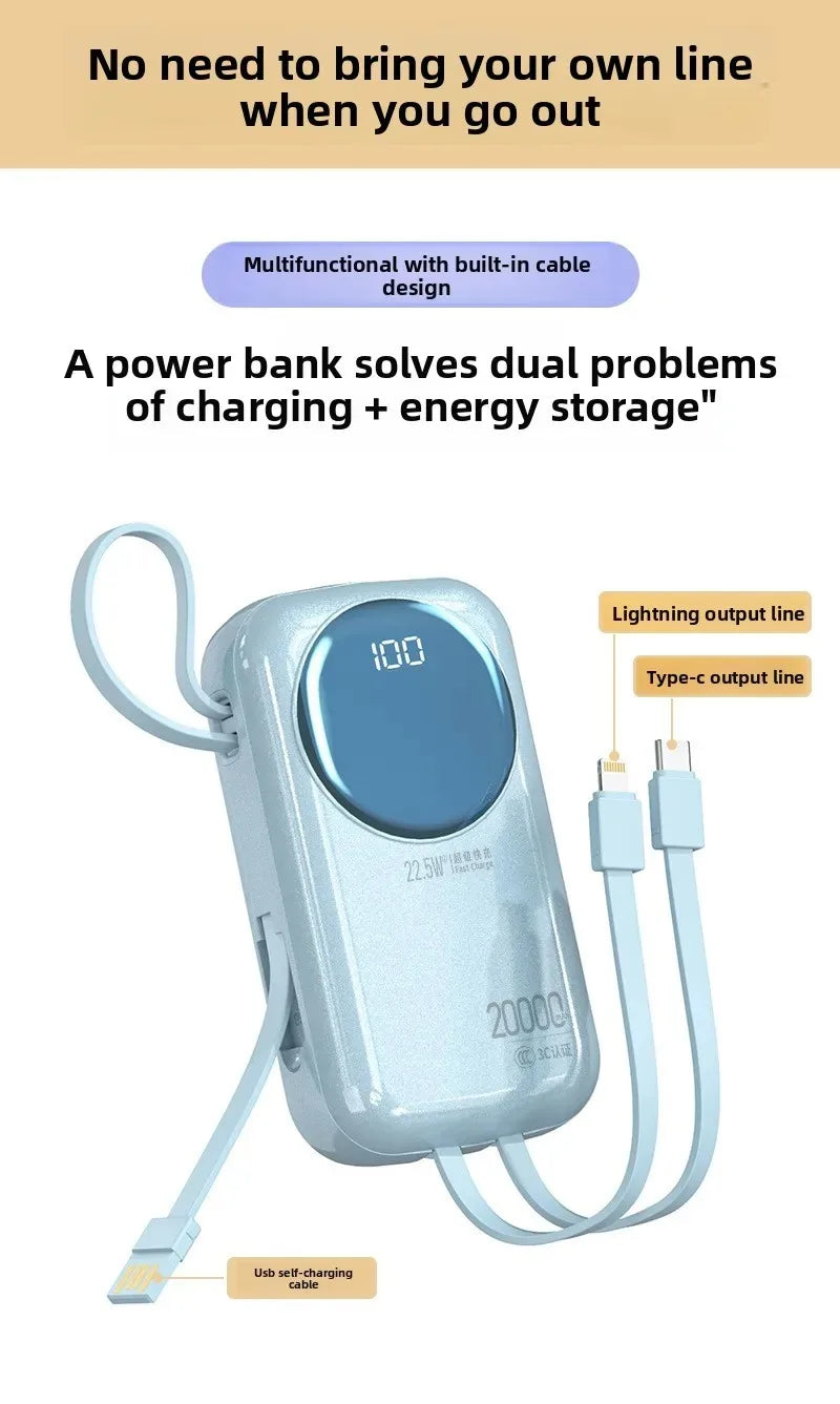 Light blue 20,000mAh power bank with LED display, integrated Lightning, USB-C, and USB charging cables. 22.5W fast charge.