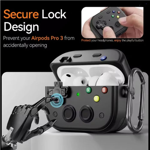 Black retro game controller-style protective case for AirPods Pro, featuring a secure lock design and carabiner.