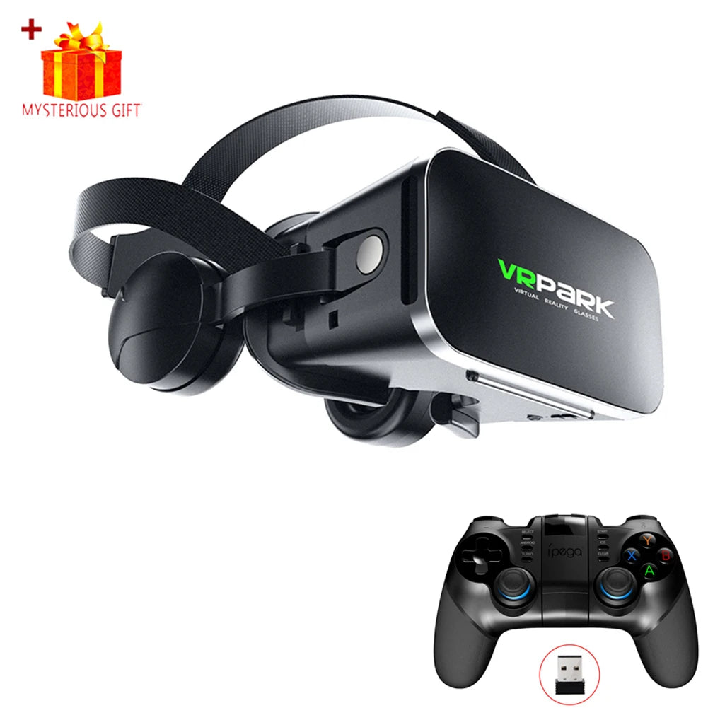 Black VR headset with integrated headphones, accompanied by a wireless gaming controller and a mystery gift icon.