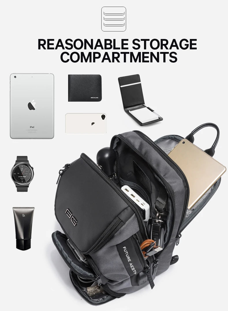 A grey, multifunctional anti-theft crossbody bag showing organised internal storage for a tablet, phone, and daily items.