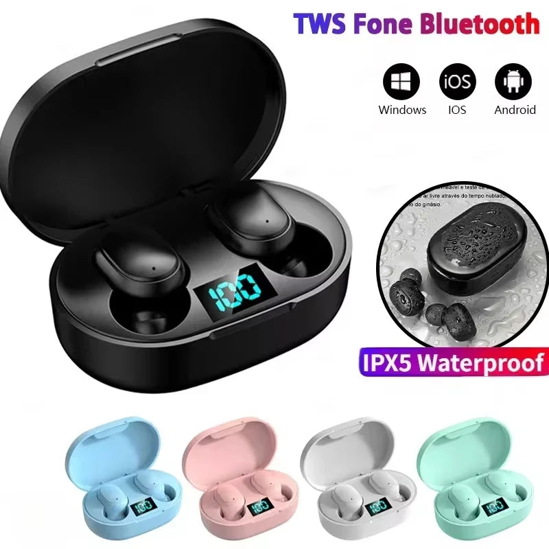 Black wireless earbuds in a charging case with a digital battery display, available in blue, pink, white, and green.