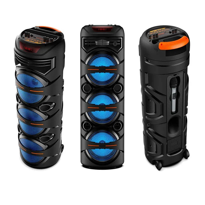Three views of a portable black party speaker with blue LED lights, orange handle, and included microphone.