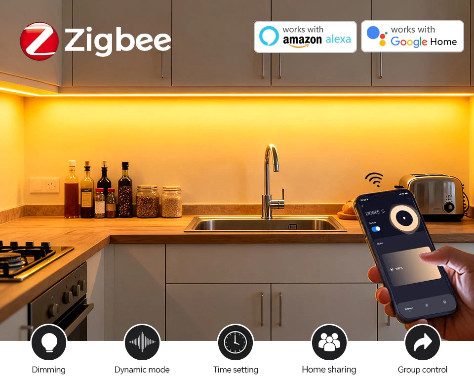 Warm yellow LED strip light under kitchen cabinets, controlled by a smartphone app with dimming and smart features.