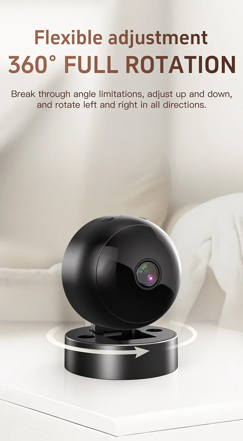 Glossy black 4K security camera with a spherical design on a rotating base for 360-degree coverage.