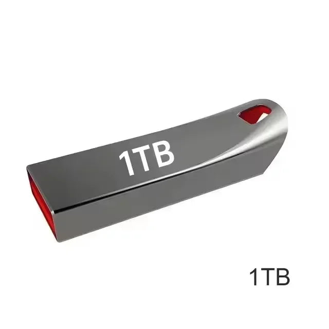 Sleek 1TB USB flash drive in metallic grey with red detailing and a handy keyring loop.