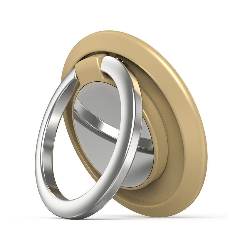 Round phone ring holder with a gold base and a polished silver circular grip, isolated on a white background.