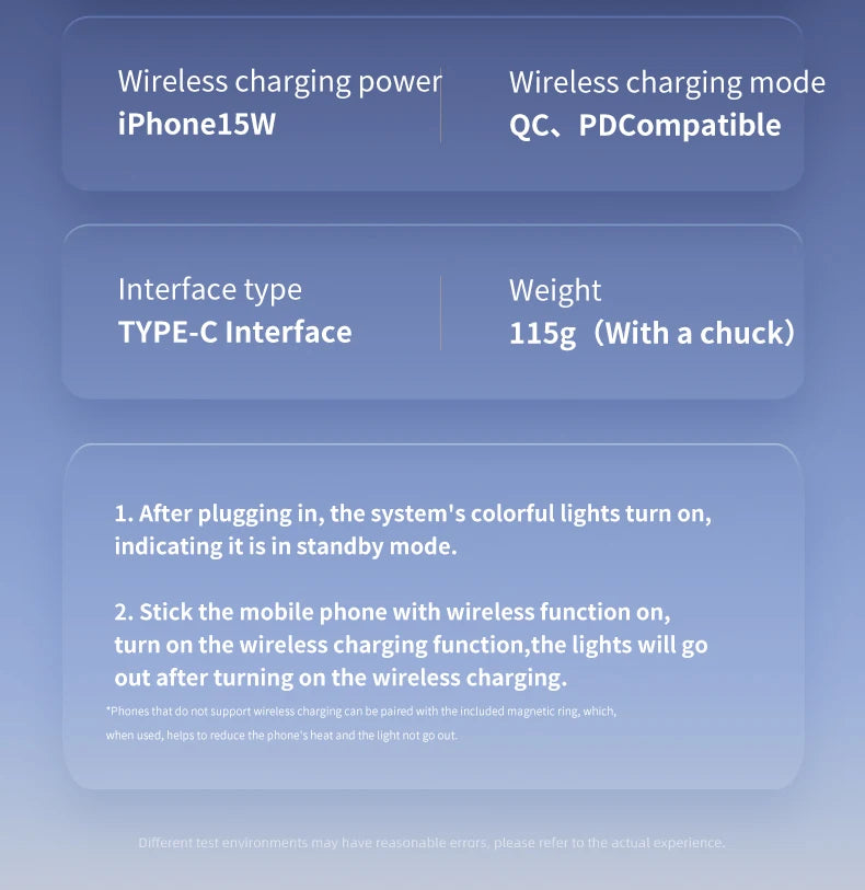 Blue graphic displaying technical specifications for a wireless charging device with Type-C input and status light guide.