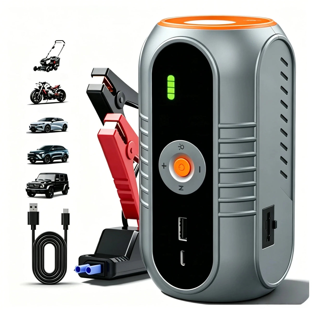 Silver and orange cylindrical jump starter with red and black battery clamps, control panel, and USB ports.