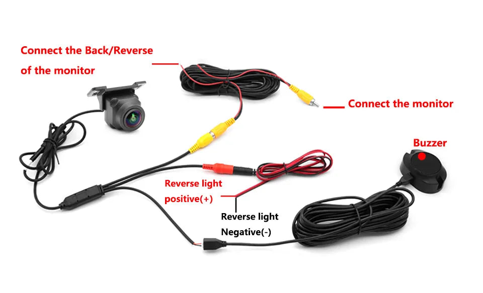 Black HD reversing camera with fisheye lens, buzzer, and colour-coded wiring harness for easy vehicle installation.