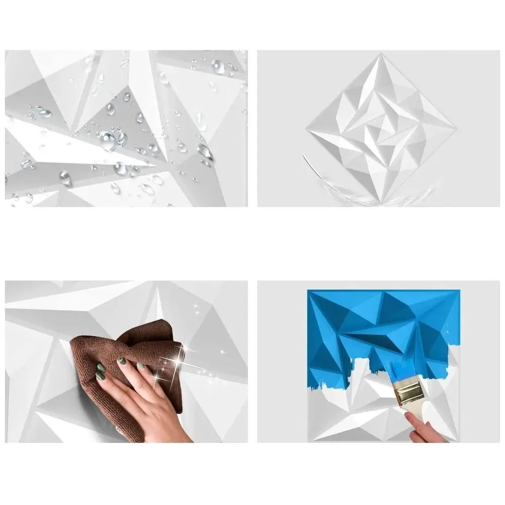White 3D diamond-pattern wall panels. Waterproof, easy to clean and paintable surface for decorative interior walls.