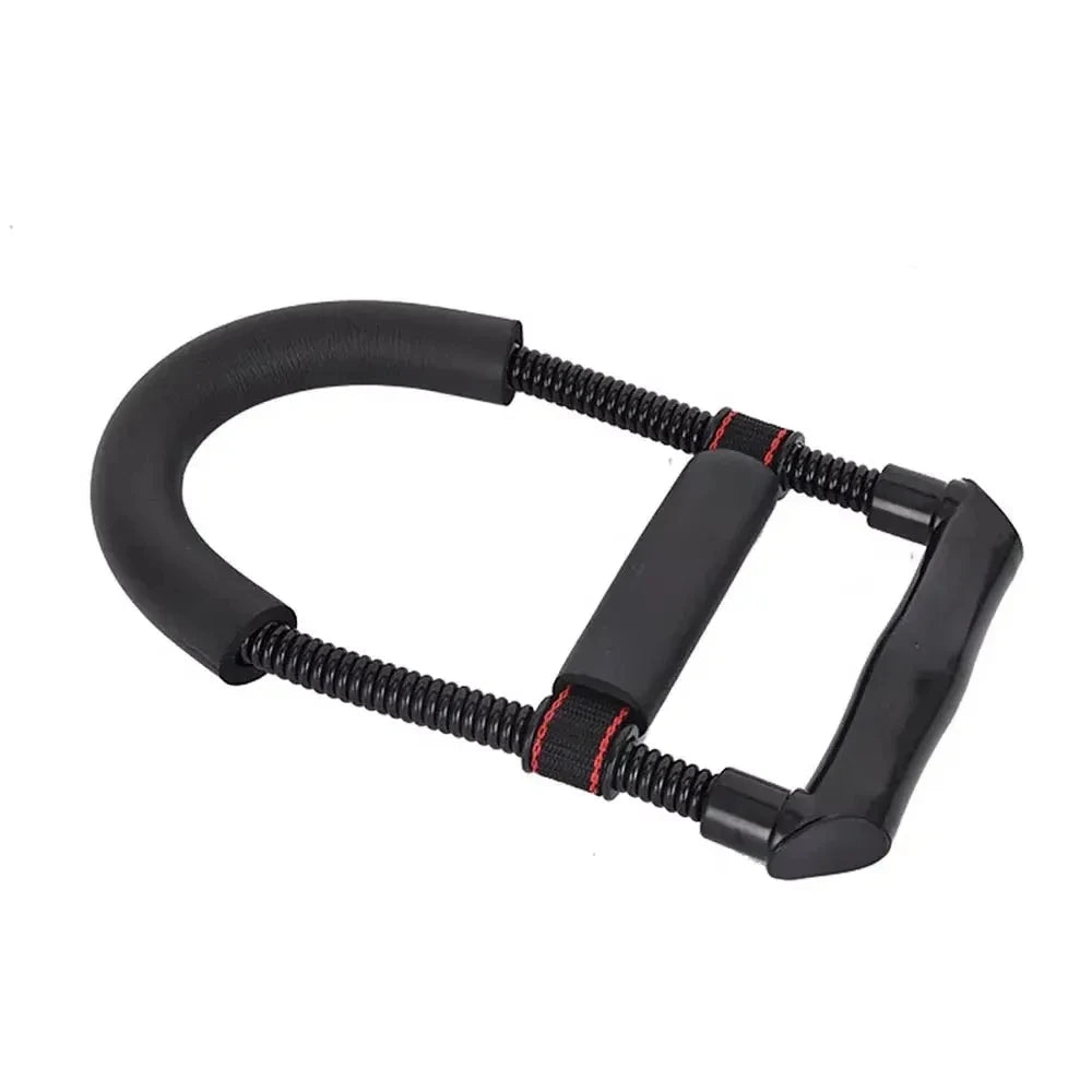 Black hand and forearm exercise grip strengthener with padded handles and tension springs.
