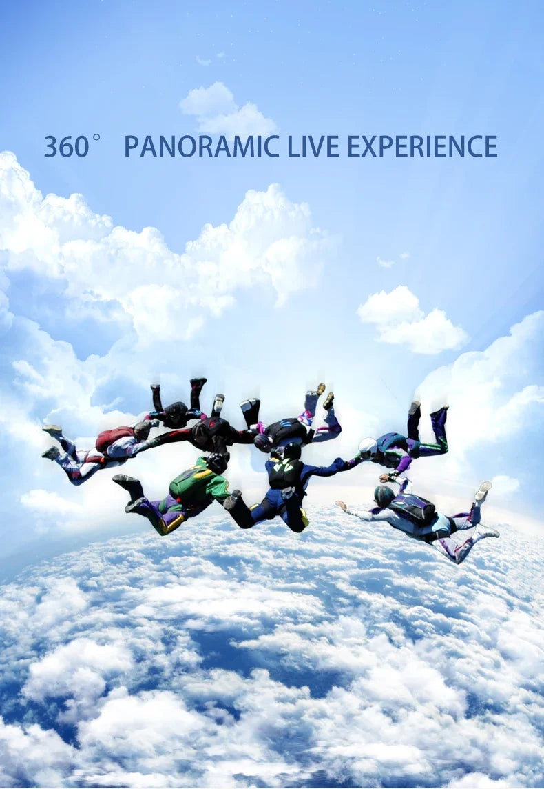 Skydivers in colorful suits holding hands in a circle against a blue, cloudy sky. Text reads 360 PANORAMIC LIVE EXPERIENCE.