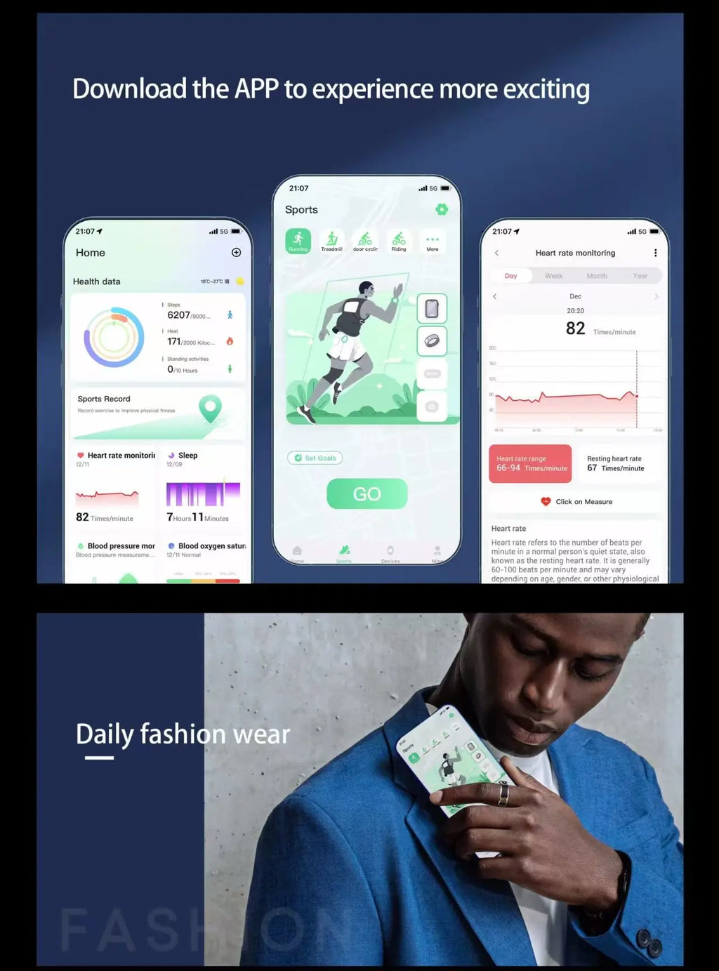 A stylish silver smart ring worn by a man in a blue suit, alongside app screens displaying health and fitness data.