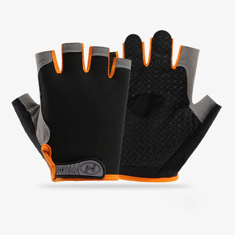 Pair of black, orange, and grey fingerless sports gloves with a textured palm grip and branded wrist strap.