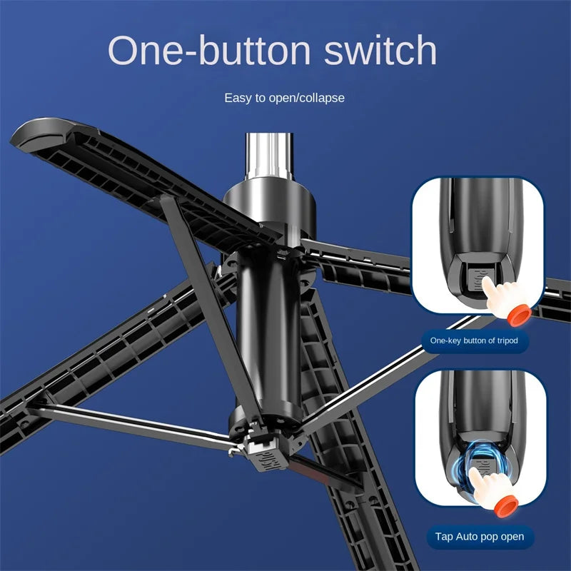 Black plastic tripod stand with an auto-open button mechanism shown in close-up detail.