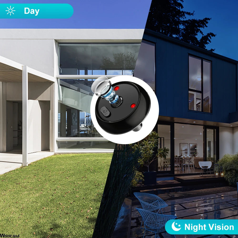 Black digital door peephole camera with night vision and a multi-layer lens, shown against day and night backgrounds.
